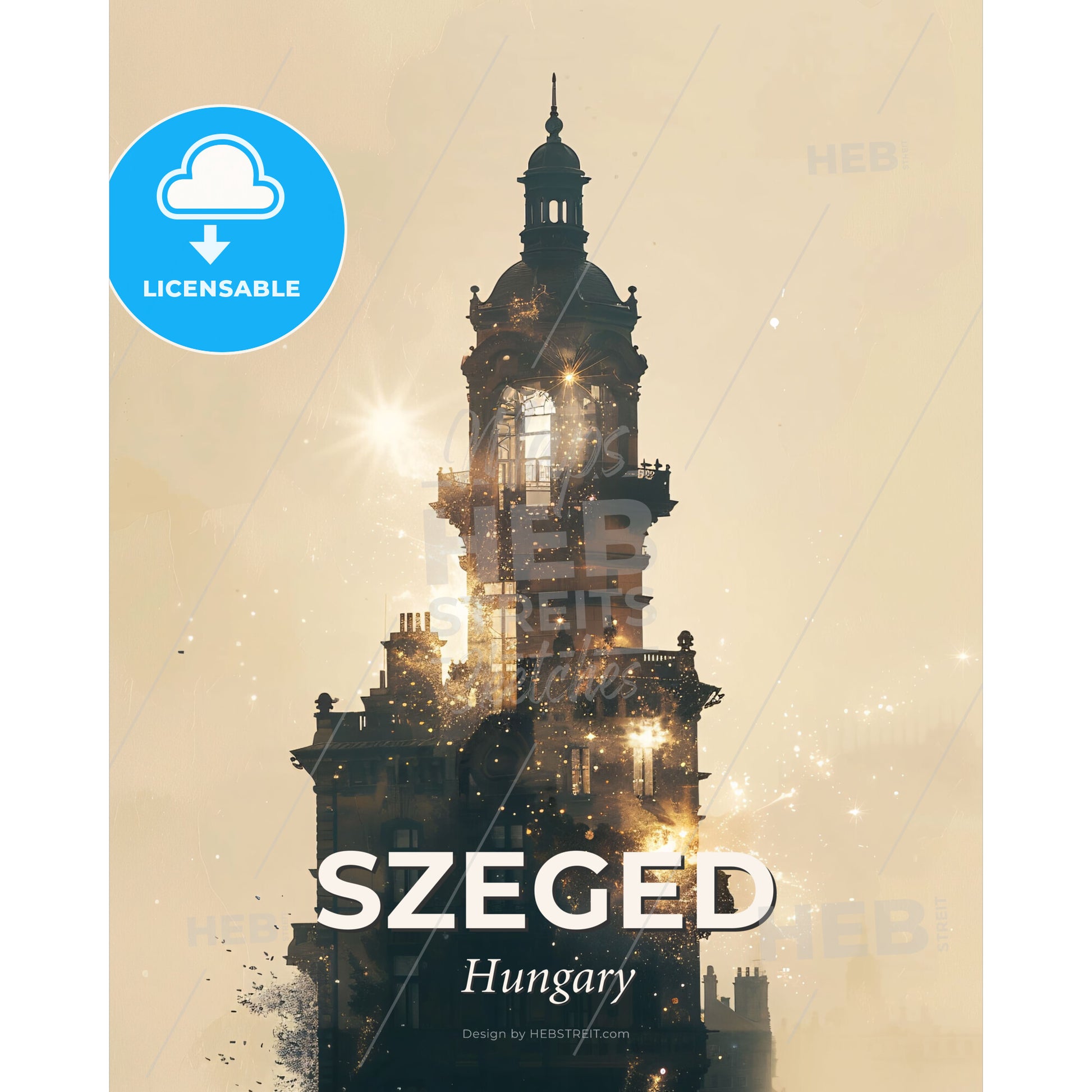 Szeged Skyline Double Exposure Composite Poster Art - A building with a tower and a light in the sky - Square format print template