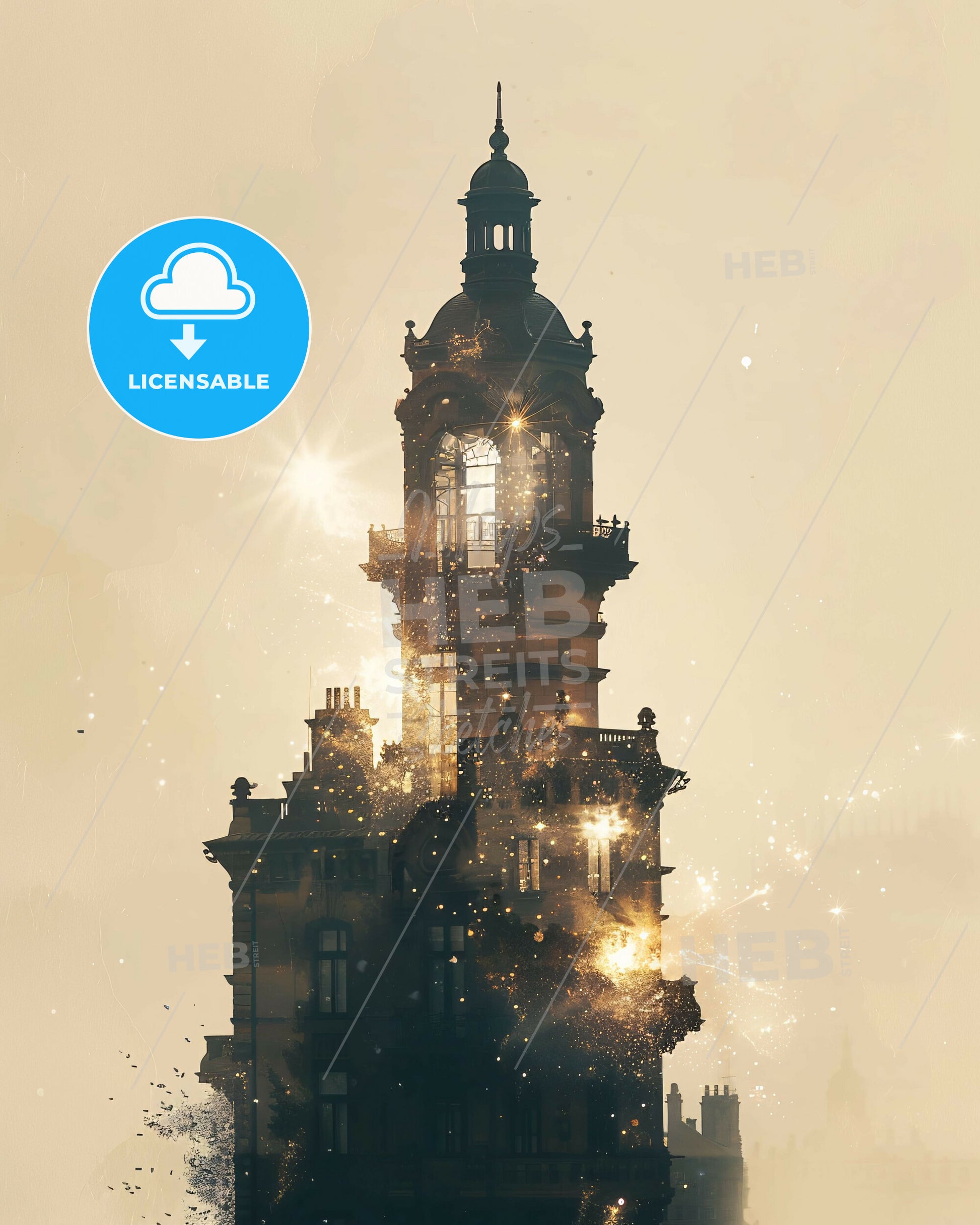 Szeged Skyline Double Exposure Composite Poster Art - A building with a tower and a light in the sky