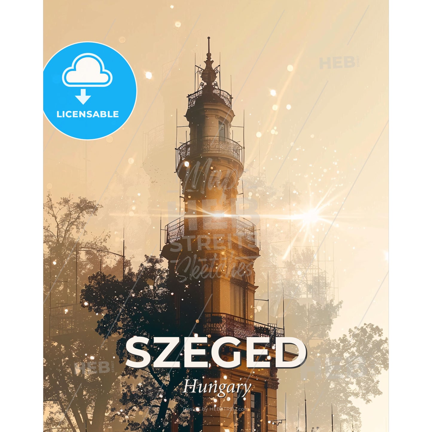 Szeged City Skyline Double Exposure Art Poster - A tall building with a tower and trees - Square format print template