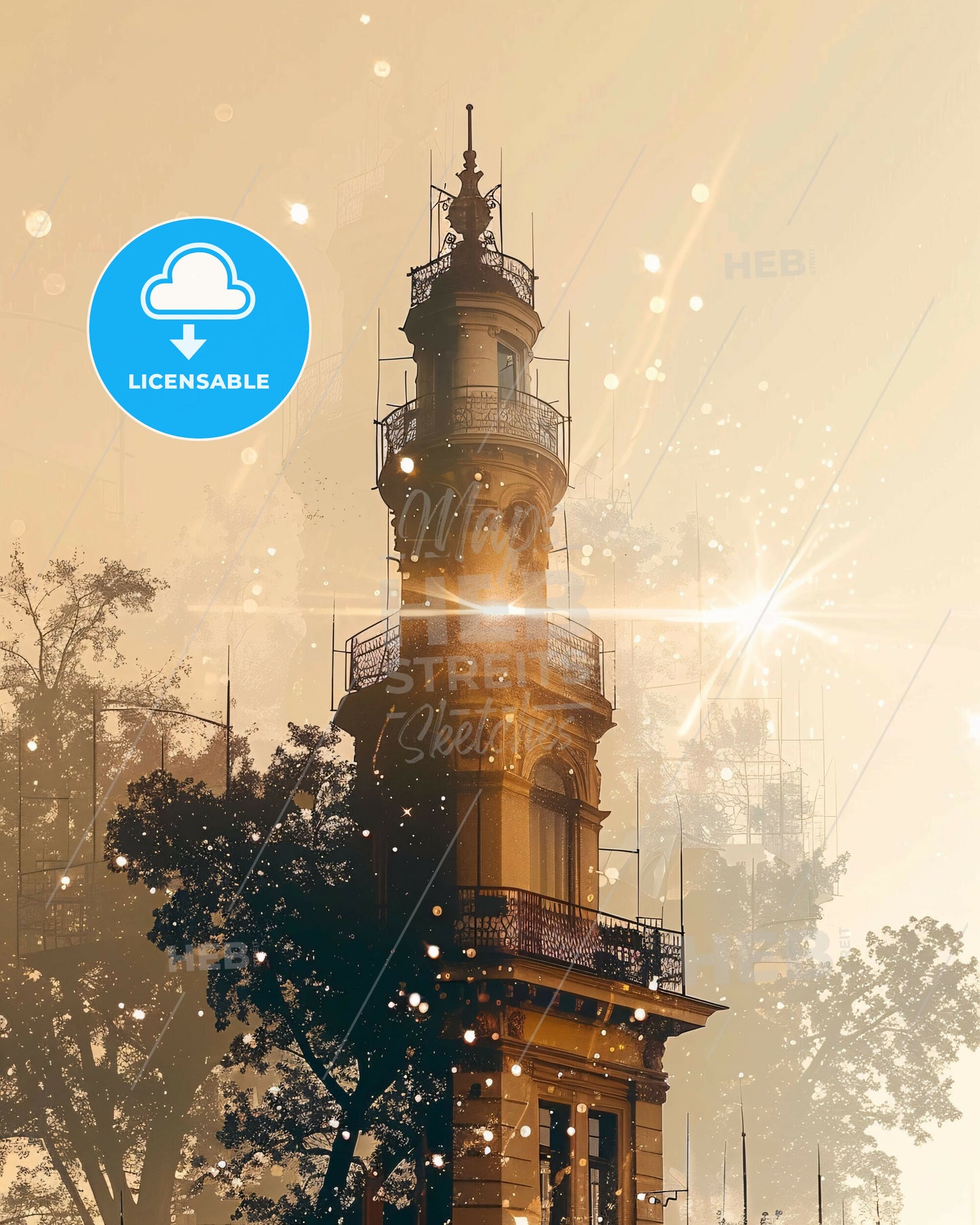 Szeged City Skyline Double Exposure Art Poster - A tall building with a tower and trees