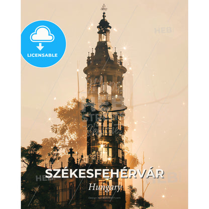 Szekesfehervar Skyline: Double Exposure City Art - A building with a tower and trees - Square format print template