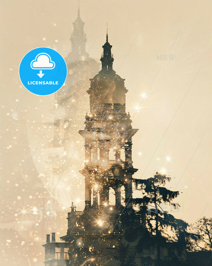 Székesfehérvár Skyline Composite Artwork with Sparkles and Backlights - A building with a tower and trees