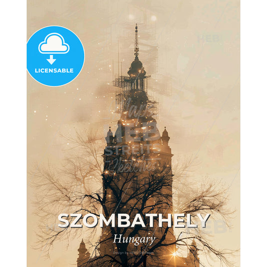 Szombathely Icon Double Exposure Art Poster - A tall building with scaffolding on top of it - Square format print template