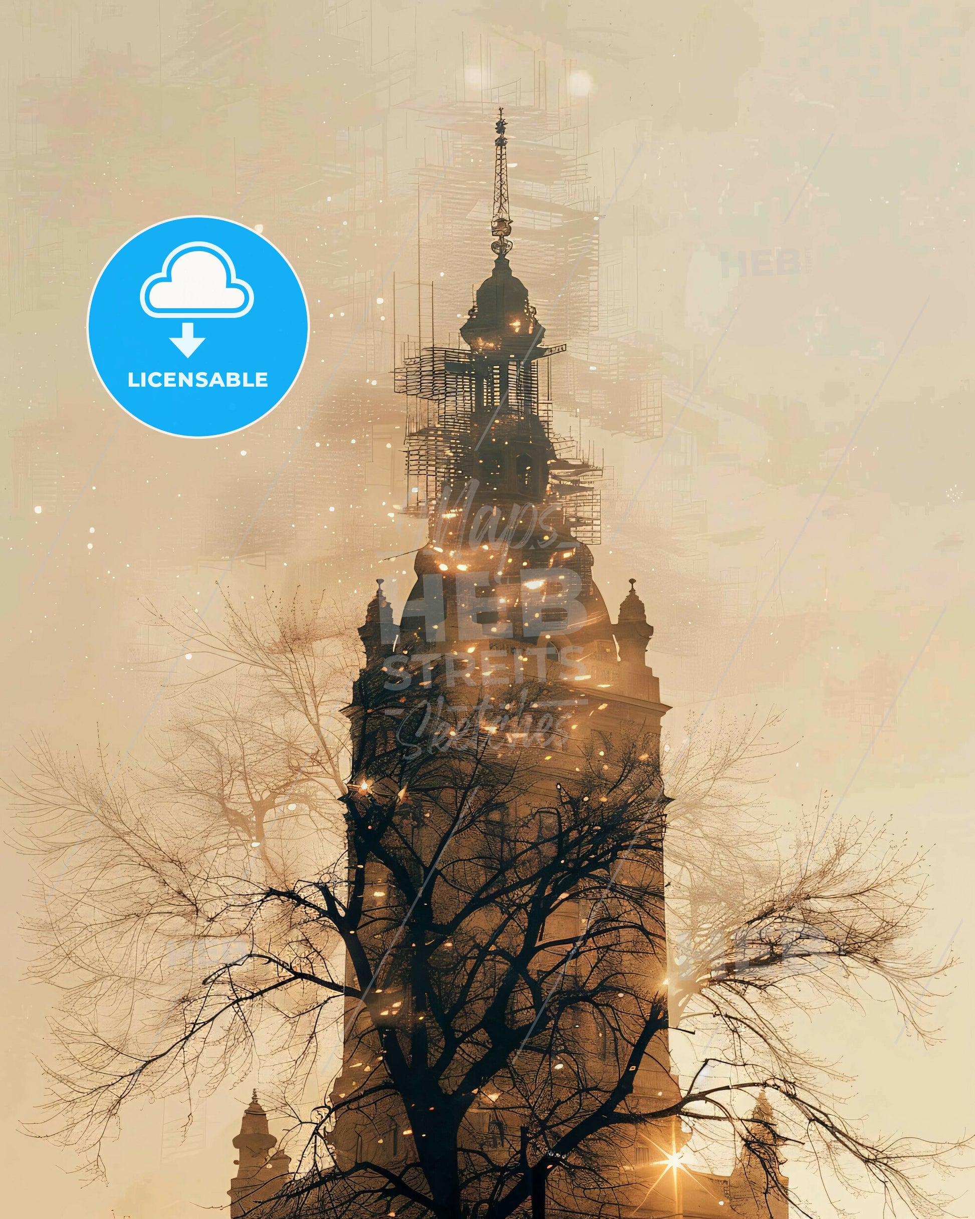 Szombathely Icon Double Exposure Art Poster - A tall building with scaffolding on top of it