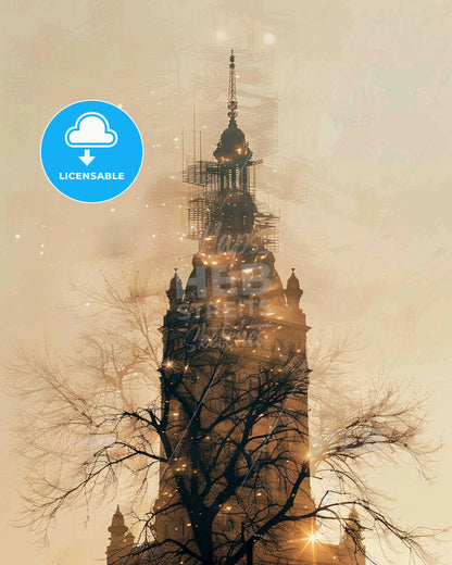 Szombathely Icon Double Exposure Art Poster - A tall building with scaffolding on top of it