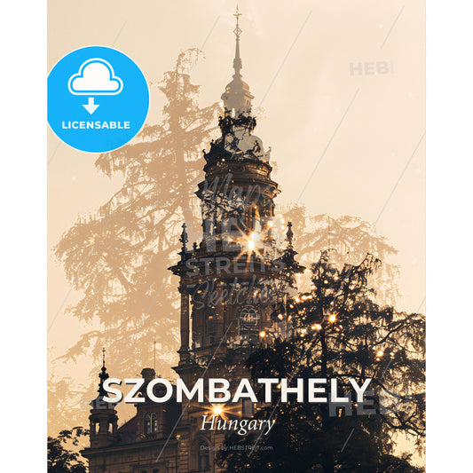 Szombathely Panorama Sunset Cityscape Poster - A building with a tower and trees - Square format print template