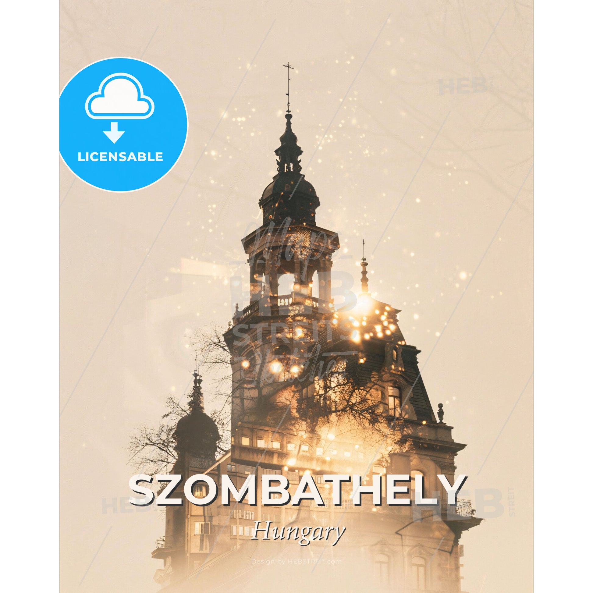 Szombathely Skyline Bright Beige Poster Design - A building with a bell tower - Square format print template