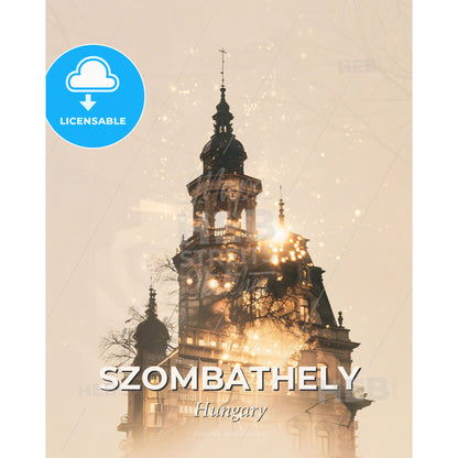 Szombathely Skyline Bright Beige Poster Design - A building with a bell tower - Square format print template