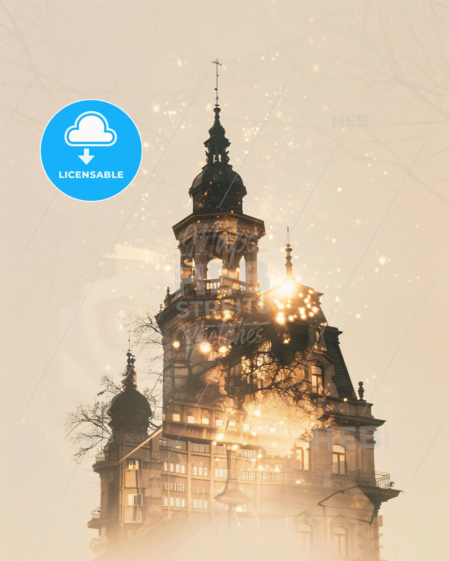 Szombathely Skyline Bright Beige Poster Design - A building with a bell tower