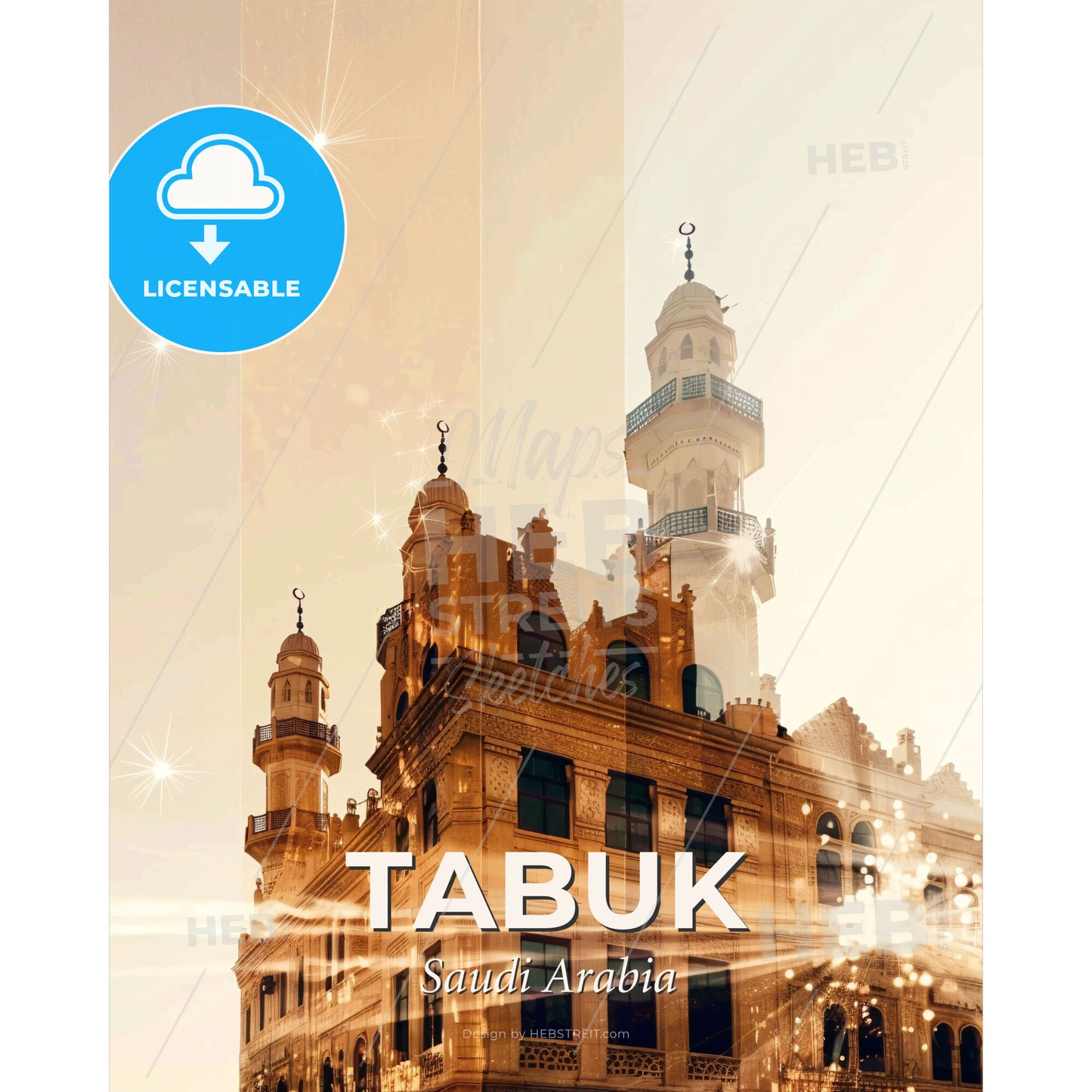 Tabuk City Skyline Architecture Art Deco Poster - A building with a tower and a star in the sky - Square format print template