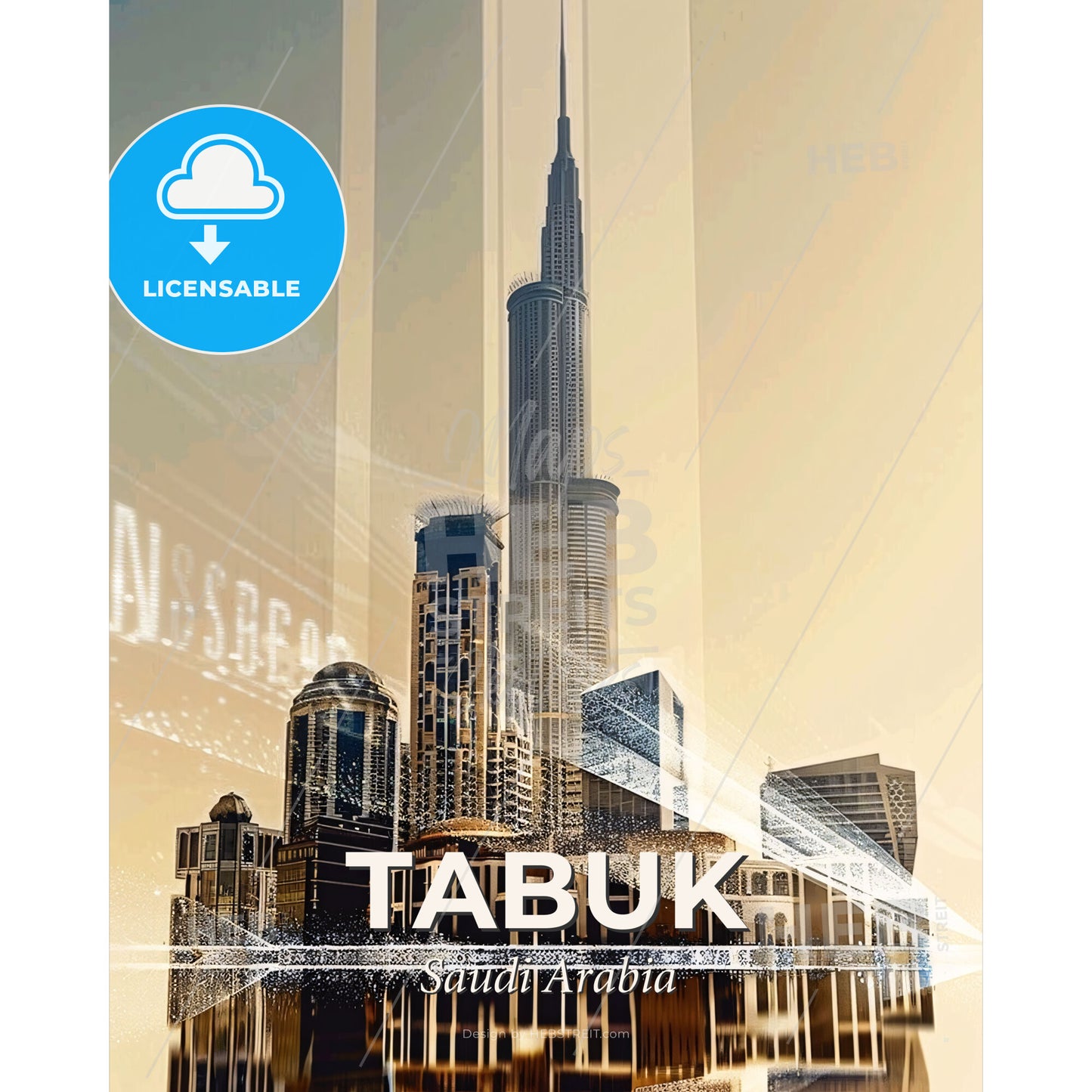 Tabuk Skyline Double Exposure Art Poster - A city with a tall tower - Square format print template