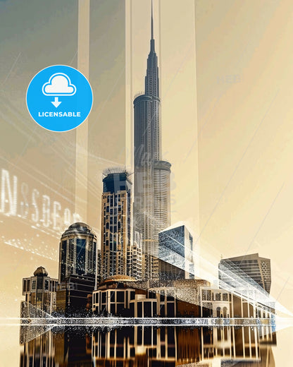 Tabuk Skyline Double Exposure Art Poster - A city with a tall tower