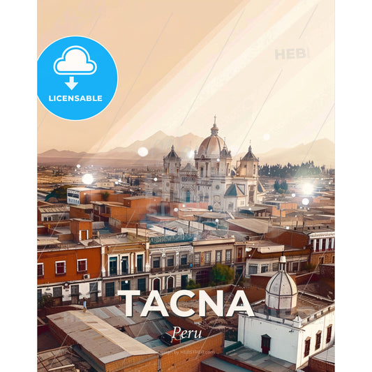 Tacna: Andean City Skyline Sparkles - A city with a church and mountains in the background - Square format print template