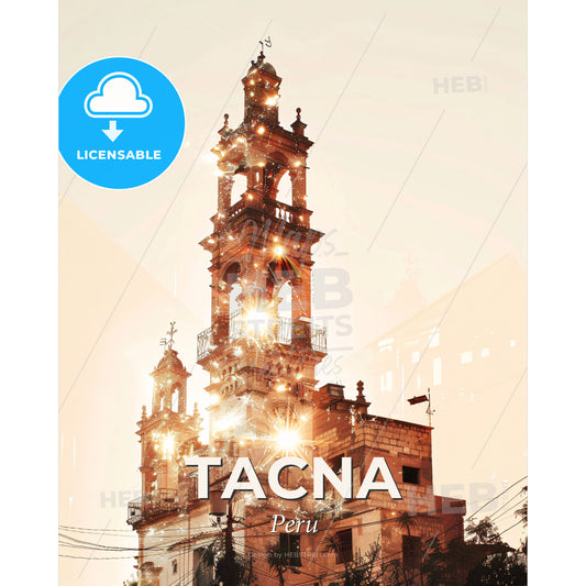 Tacna Skyline Double Exposure City Art Deco - A building with a tower and lights - Square format print template