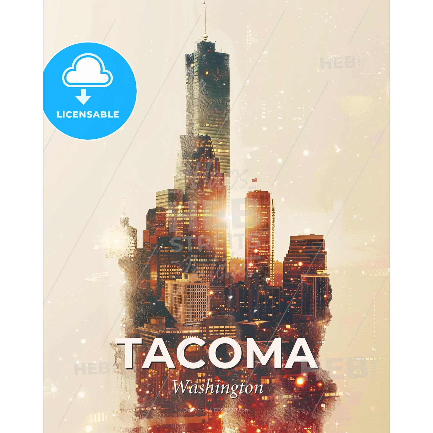 Tacoma City Skyline Composite Art on Beige - A city skyline with many lights - Square format print template