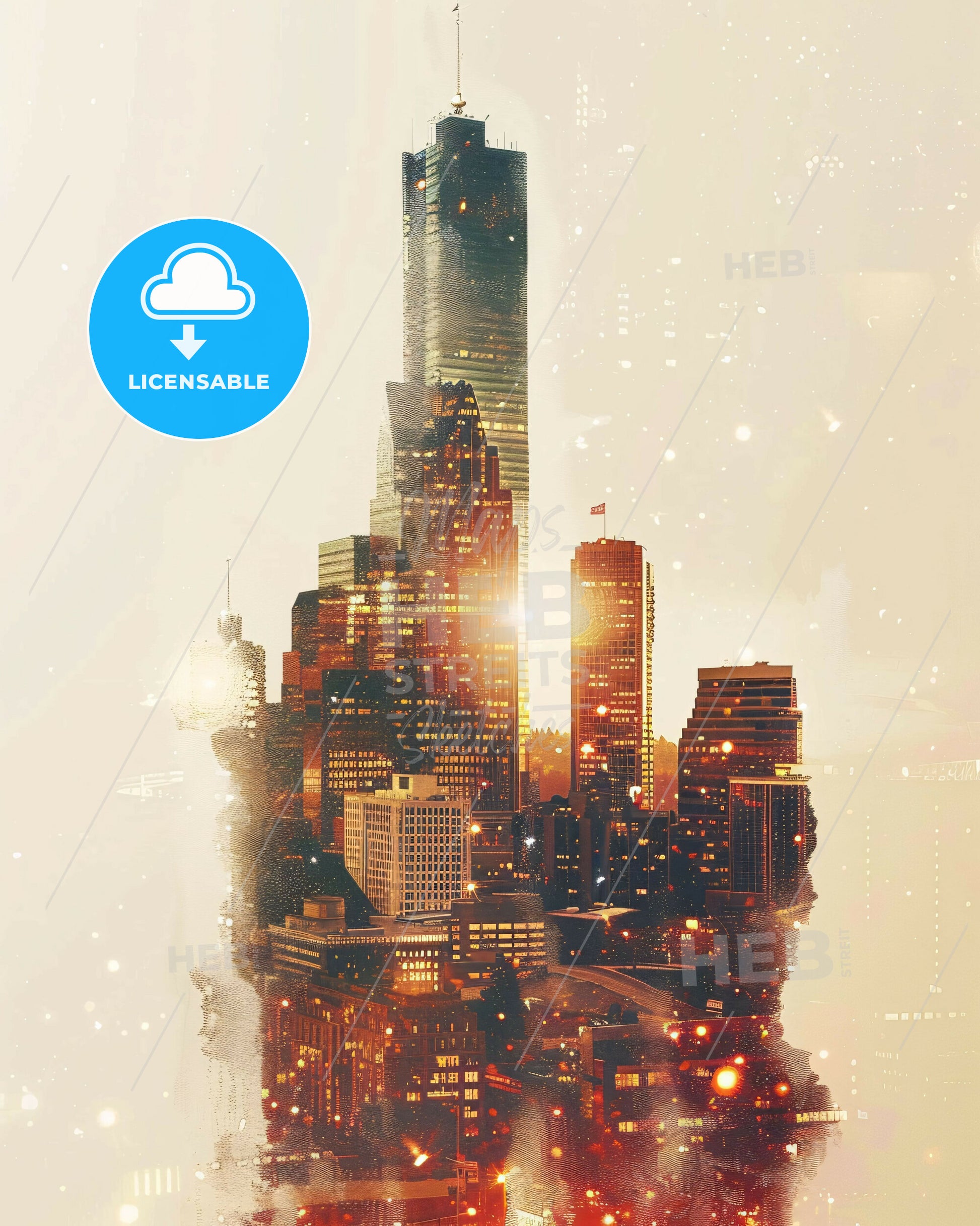 Tacoma City Skyline Composite Art on Beige - A city skyline with many lights