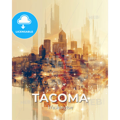 Tacoma Cityscape Skyline Composite Art - A city skyline with many buildings - Square format print template