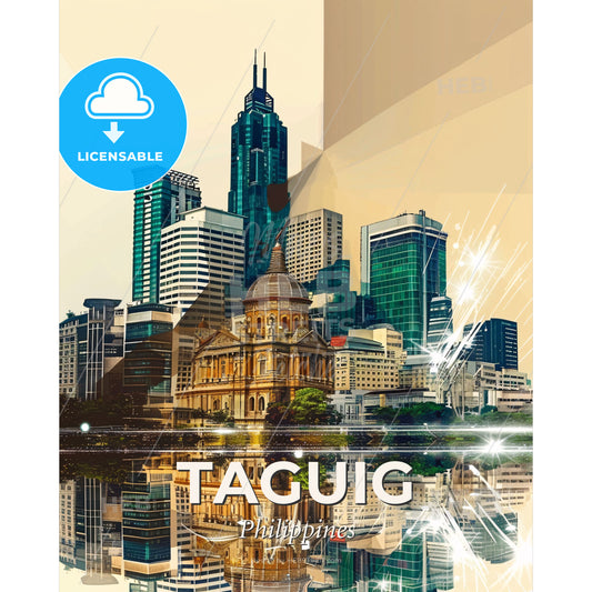 Taguig City Skyline Architecture Modern Art Print - A city with a building and a reflection of the water - Square format print template