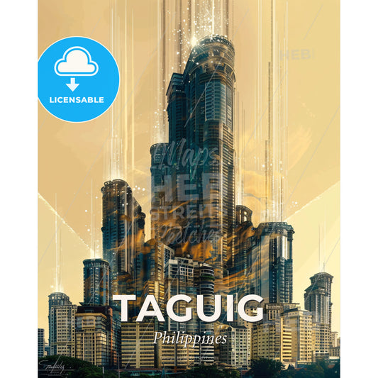 Taguig Skyline Double Exposure Art Poster - A tall building with many windows - Square format print template