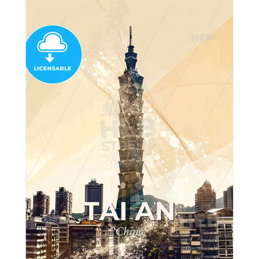 Tai an Skyline Double Exposure City Artwork - A tall building in a city - Square format print template