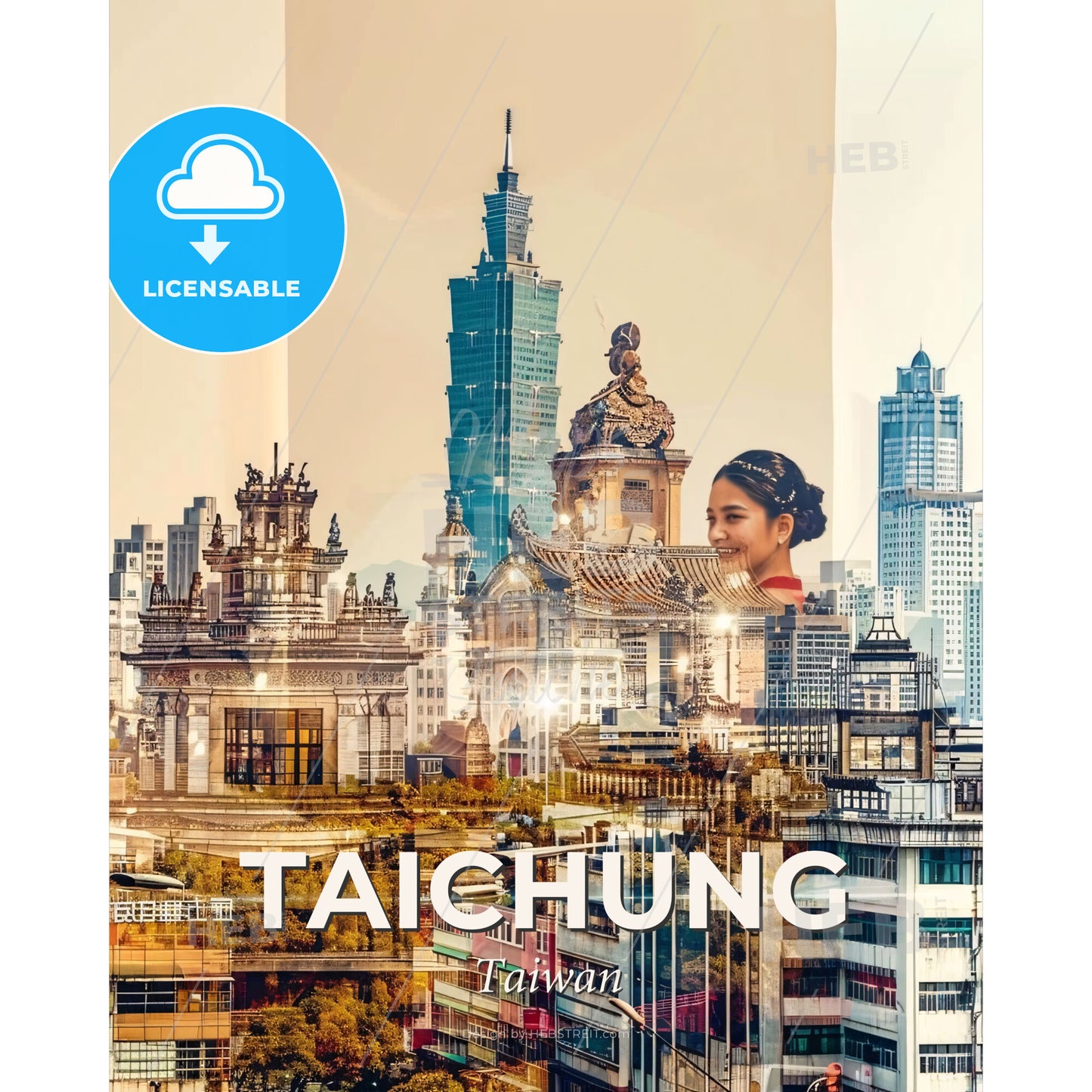 Taichung Iconography Skyline Glow Poster - A woman smiling in front of a city - Square format print template