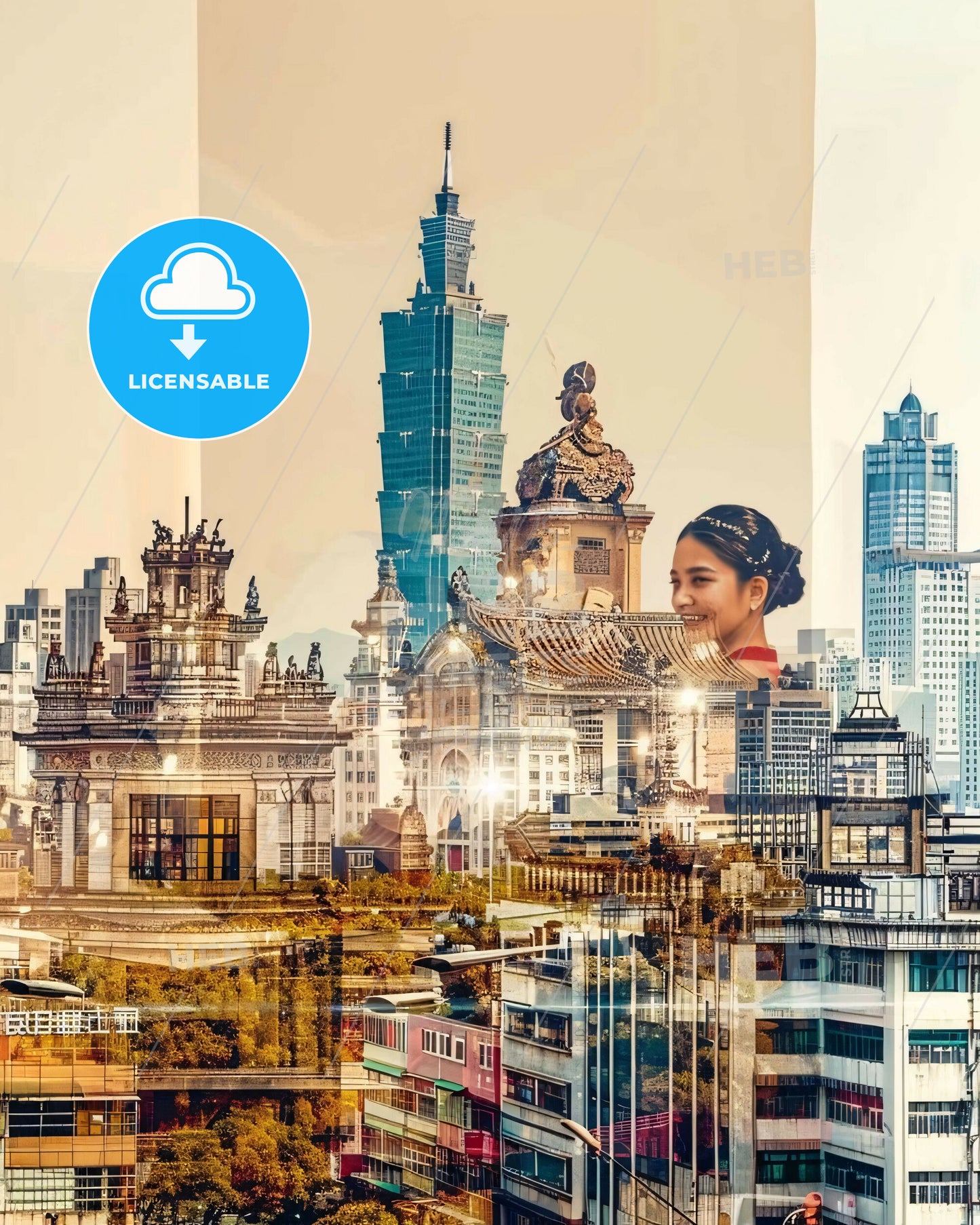 Taichung Iconography Skyline Glow Poster - A woman smiling in front of a city