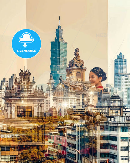 Taichung Iconography Skyline Glow Poster - A woman smiling in front of a city