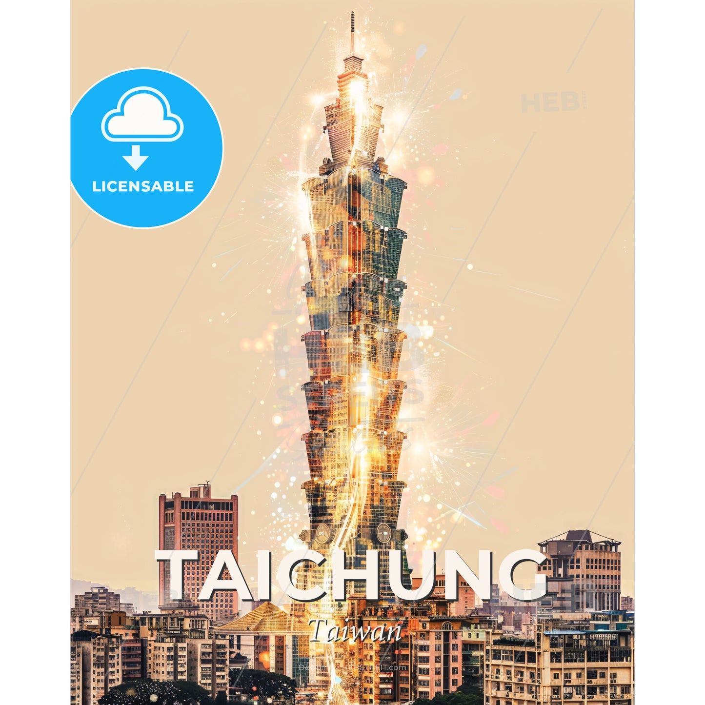 Taichung: City Skyline Double Exposure Art - A tall building with fireworks - Square format print template