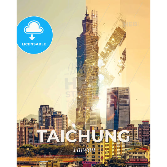 Taichung Skyline Cityscape Double Exposure Art - A city with a skyscraper - Square format print template