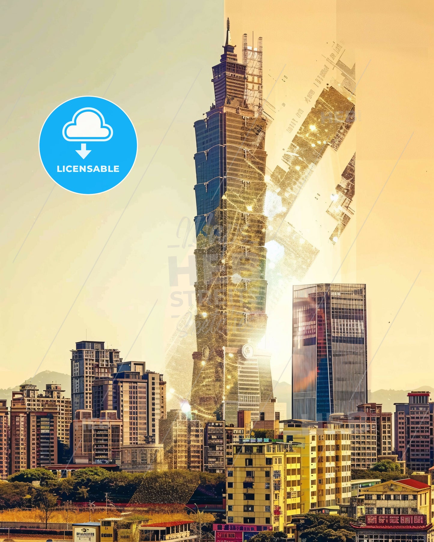 Taichung Skyline Cityscape Double Exposure Art - A city with a skyscraper