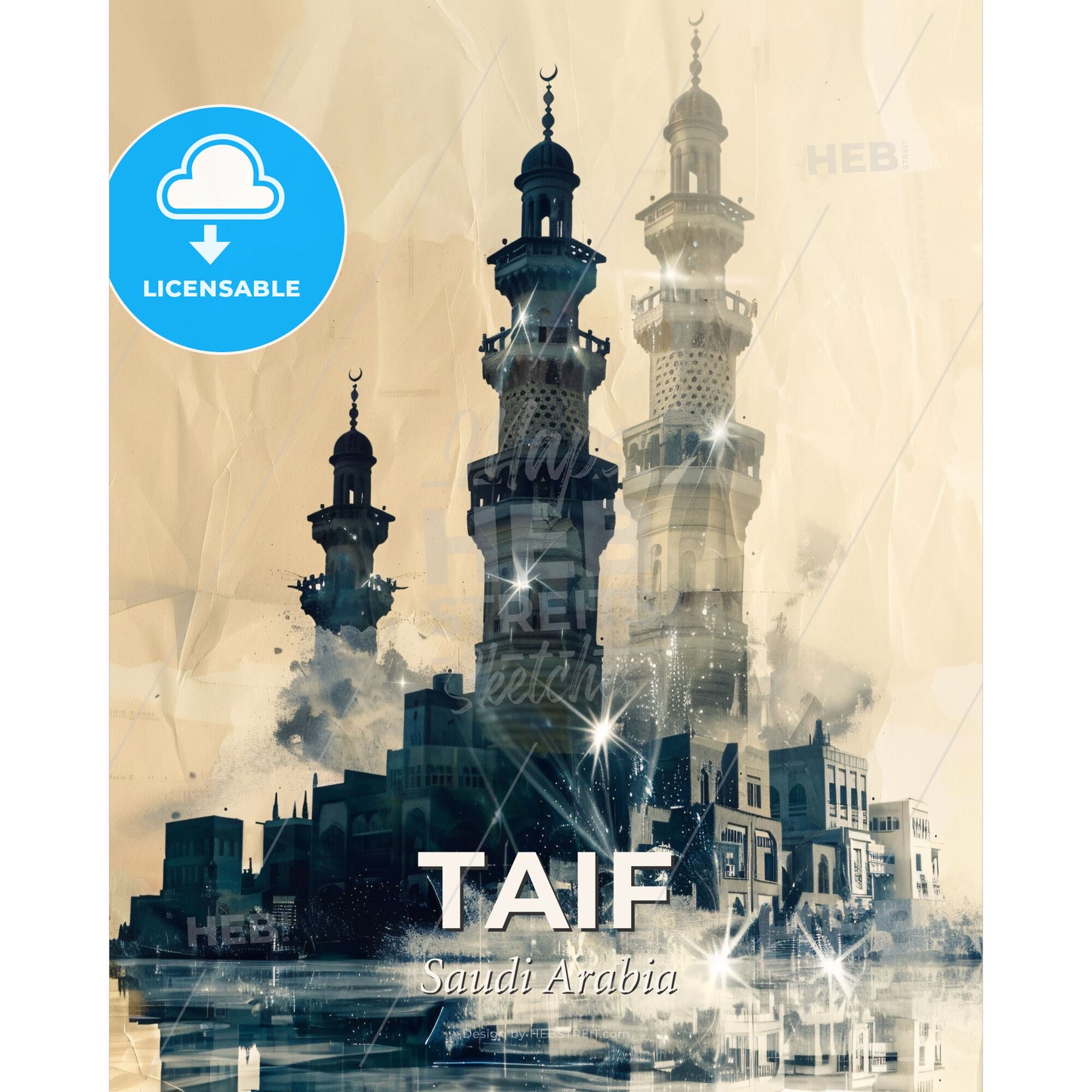 Taif City Skyline Double Exposure Artwork - A city with towers and a reflection of lights - Square format print template