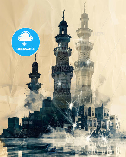 Taif City Skyline Double Exposure Artwork - A city with towers and a reflection of lights