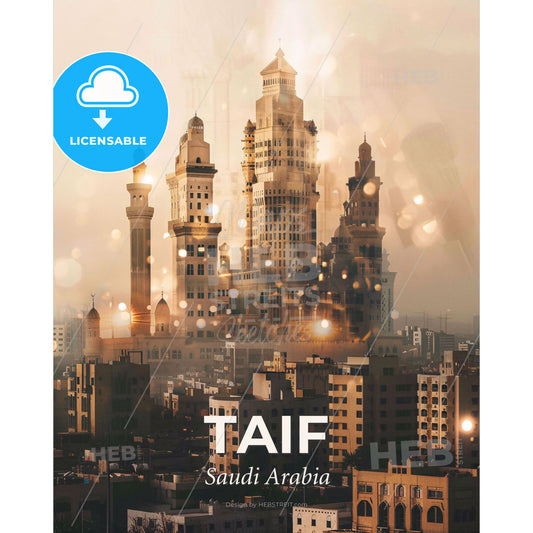 Taif Double Exposure Cityscape Art Poster - A city with many tall buildings - Square format print template