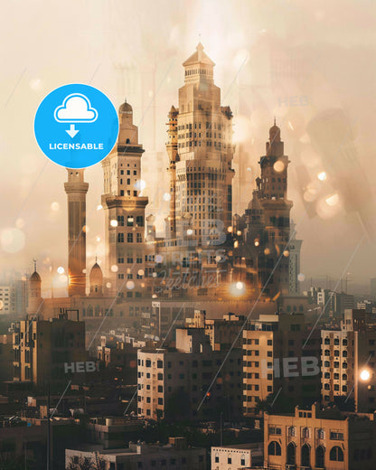 Taif Double Exposure Cityscape Art Poster - A city with many tall buildings