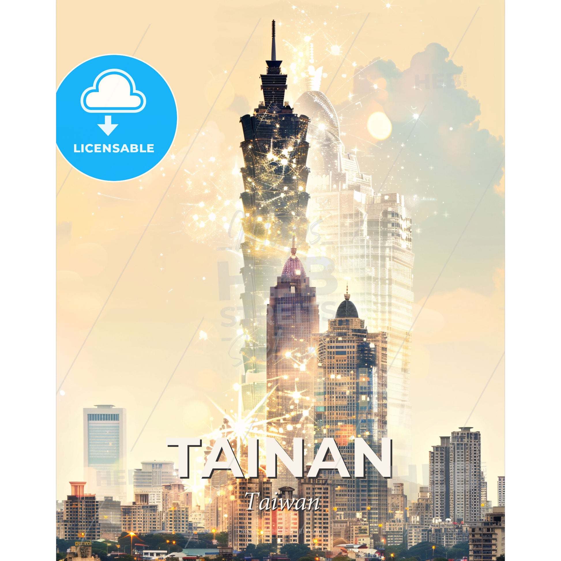 Tainan Skyline Double Exposure Poster Art - A city with many tall buildings - Square format print template