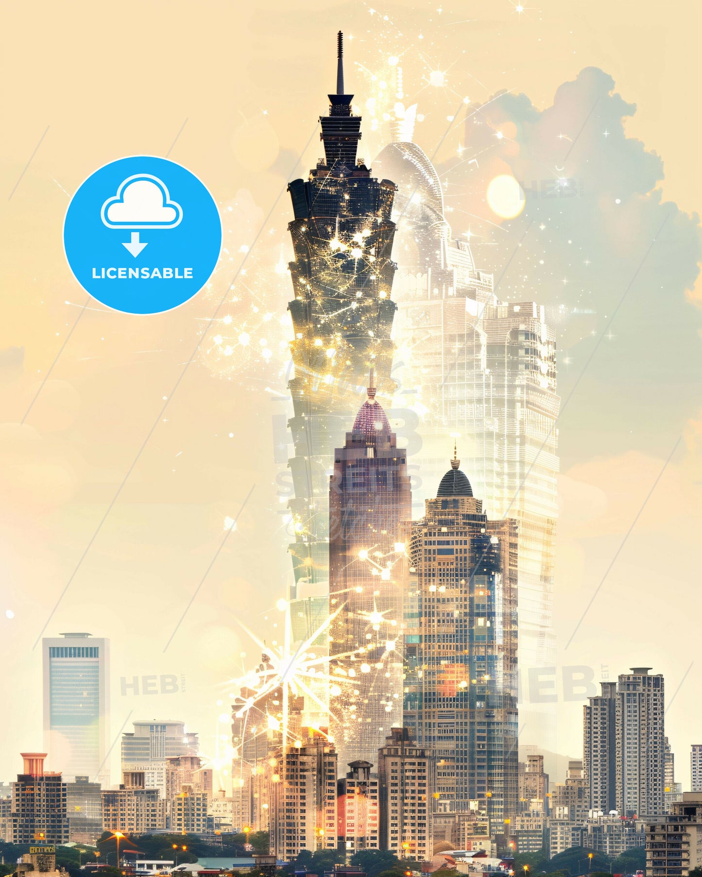 Tainan Skyline Double Exposure Poster Art - A city with many tall buildings