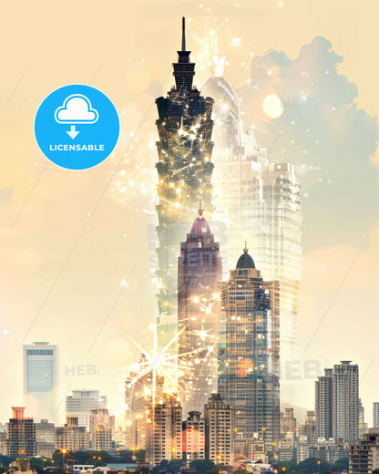 Tainan Skyline Double Exposure Poster Art - A city with many tall buildings