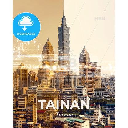 Tainan City Skyline Double Exposure Poster Art - A city skyline with many tall buildings - Square format print template