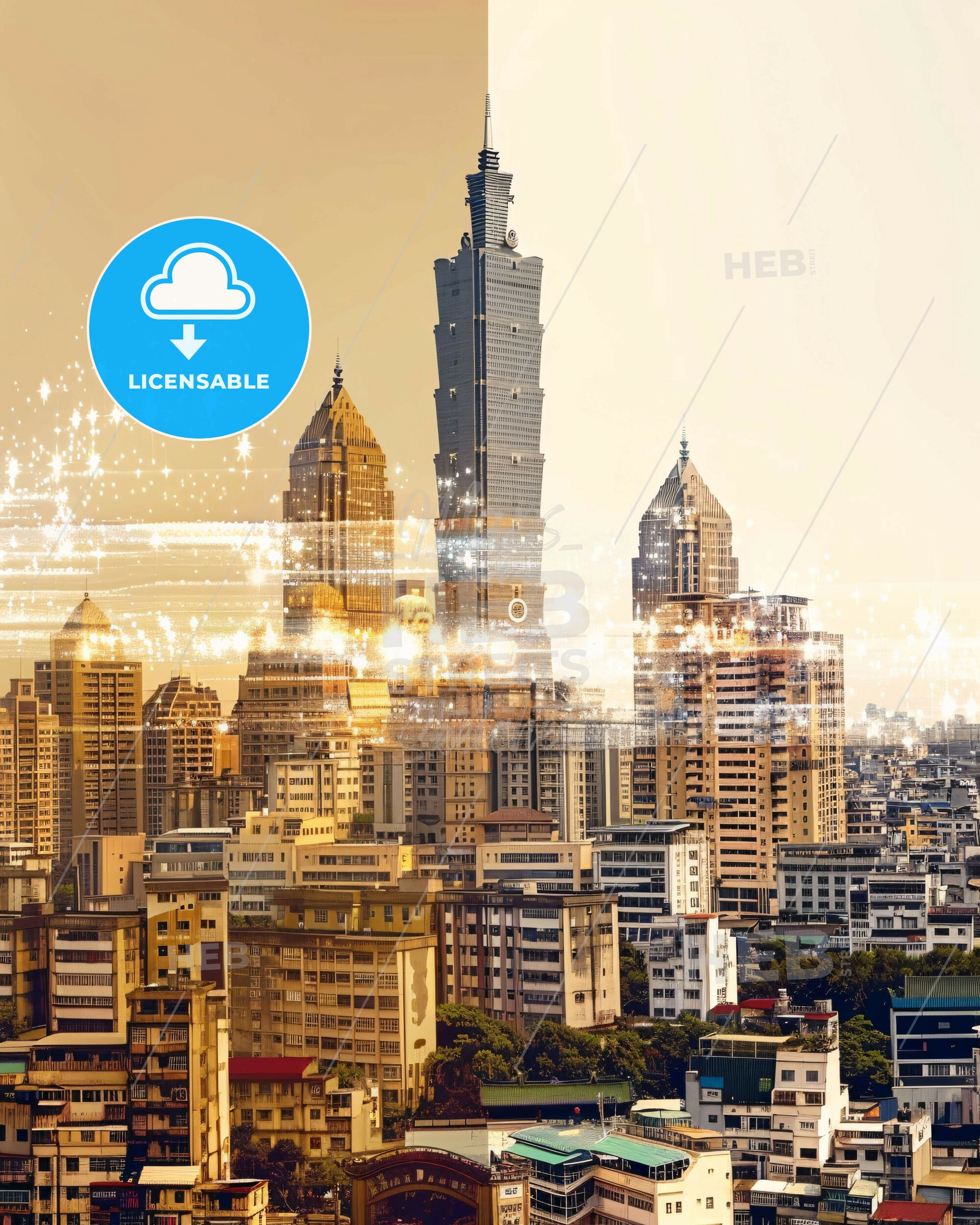 Tainan City Skyline Double Exposure Poster Art - A city skyline with many tall buildings