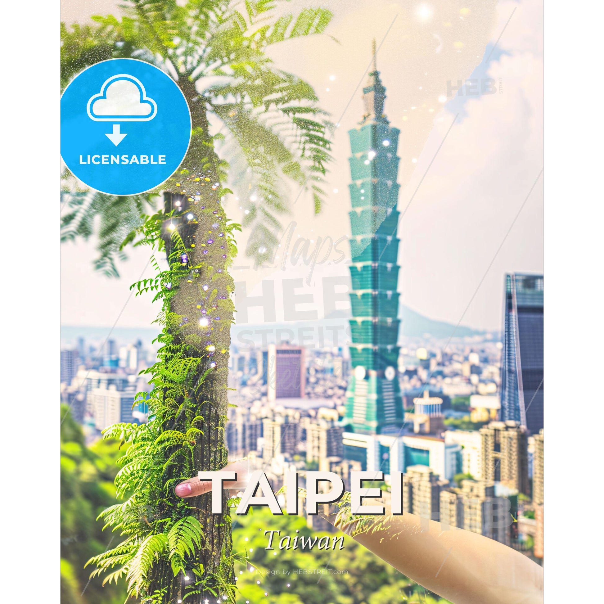 Taipei Skyline Double Exposure Art Print - A palm tree with Taipei 101 in the background - Square format print template