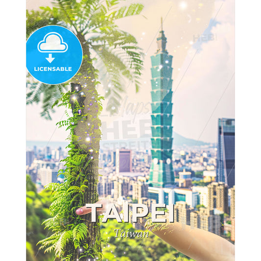 Taipei Skyline Double Exposure Art Print - A palm tree with Taipei 101 in the background - Square format print template