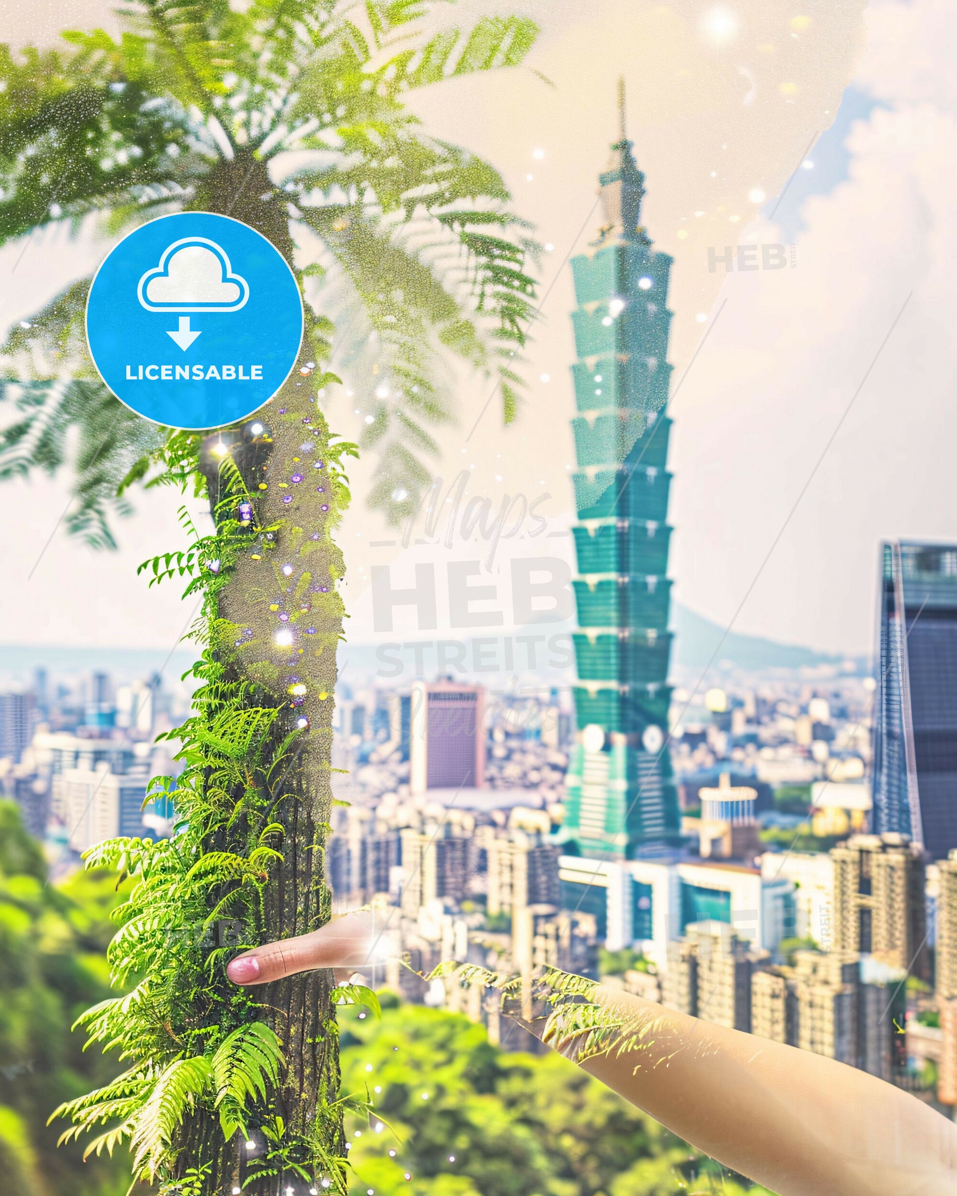 Taipei Skyline Double Exposure Art Print - A palm tree with Taipei 101 in the background
