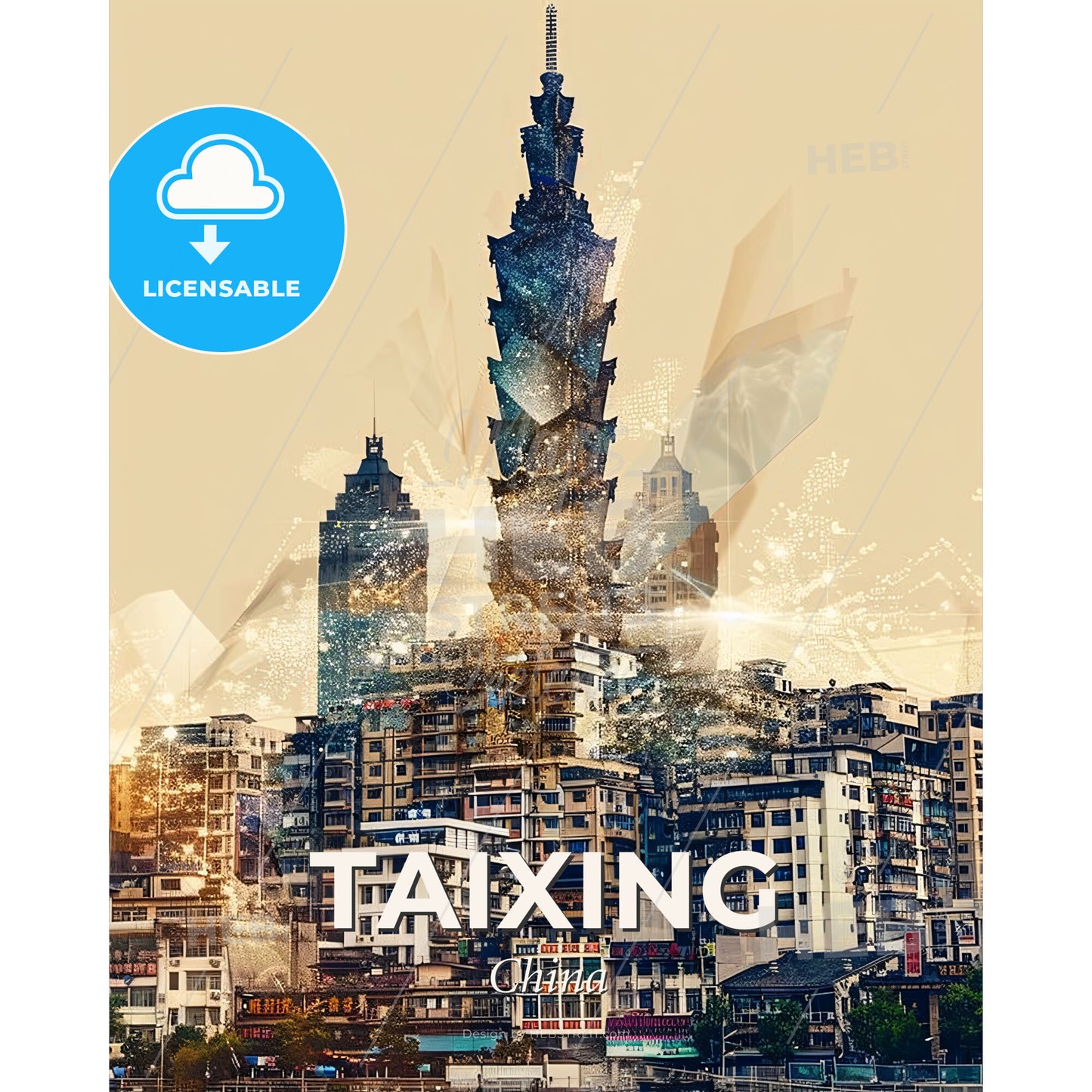 Taixing Skyline: Local Icons Modern Art Poster - A city with many buildings - Square format print template