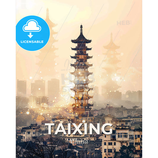 Taixing Skyline Double Exposure Bright Beige - A tall pagoda tower in a city - Square format print template