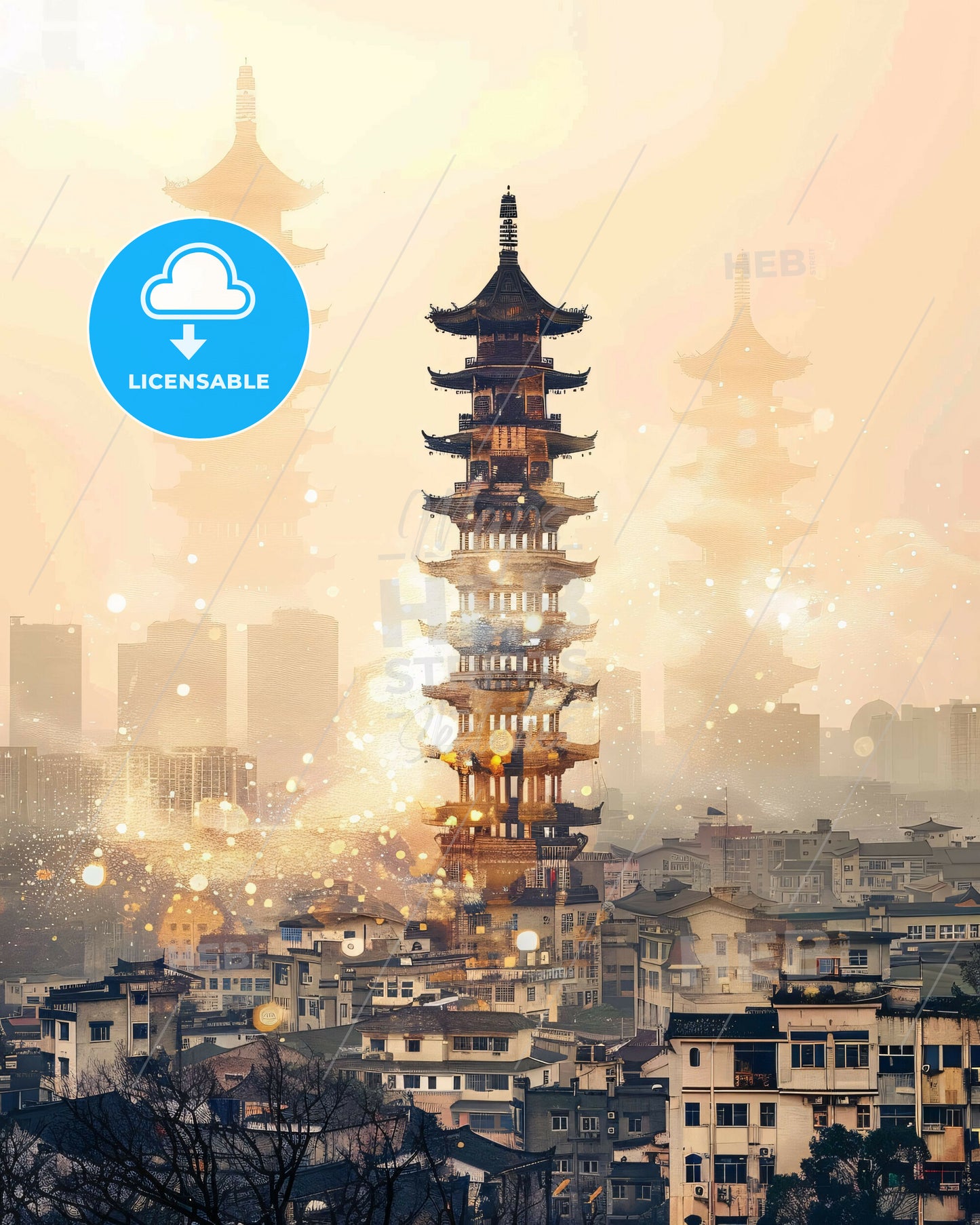 Taixing Skyline Double Exposure Bright Beige - A tall pagoda tower in a city