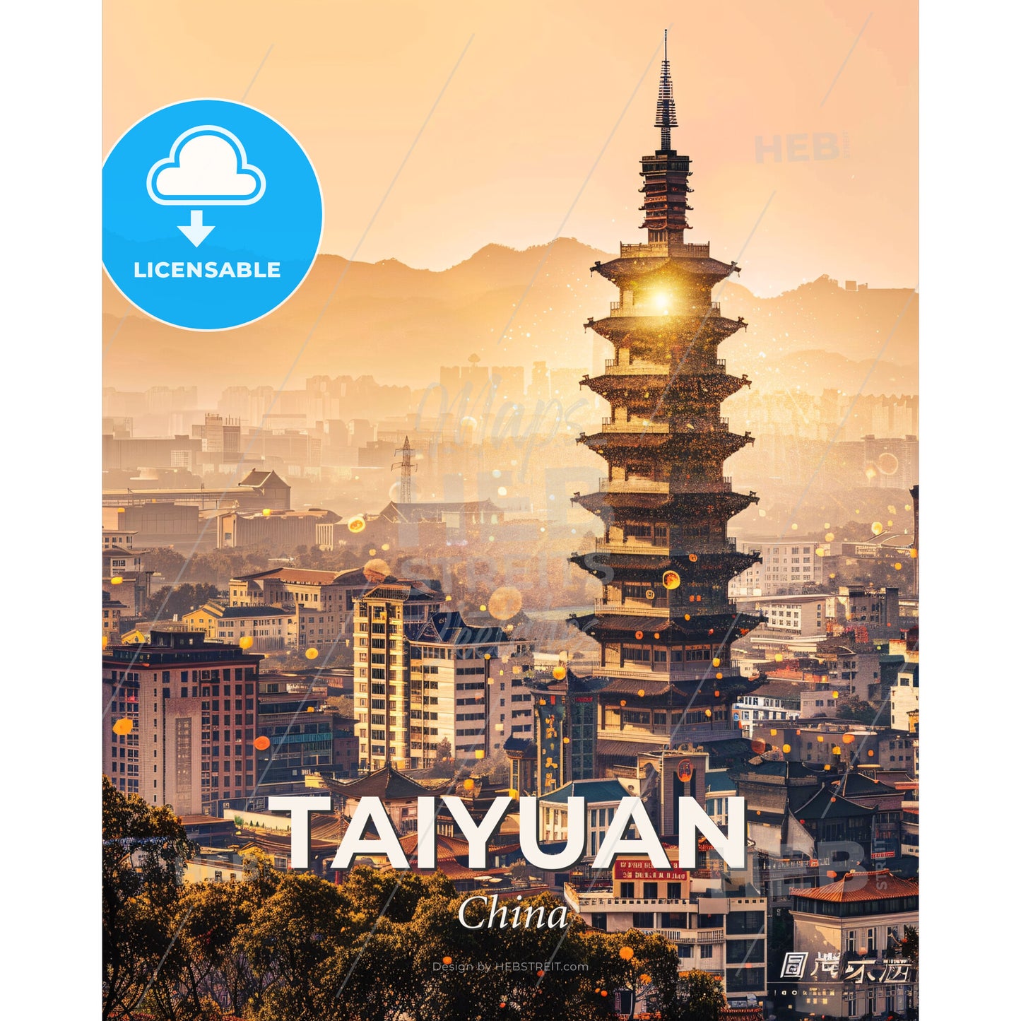 Taiyuan Skyline Double Exposure Art Composite - A tall tower in a city - Square format print template