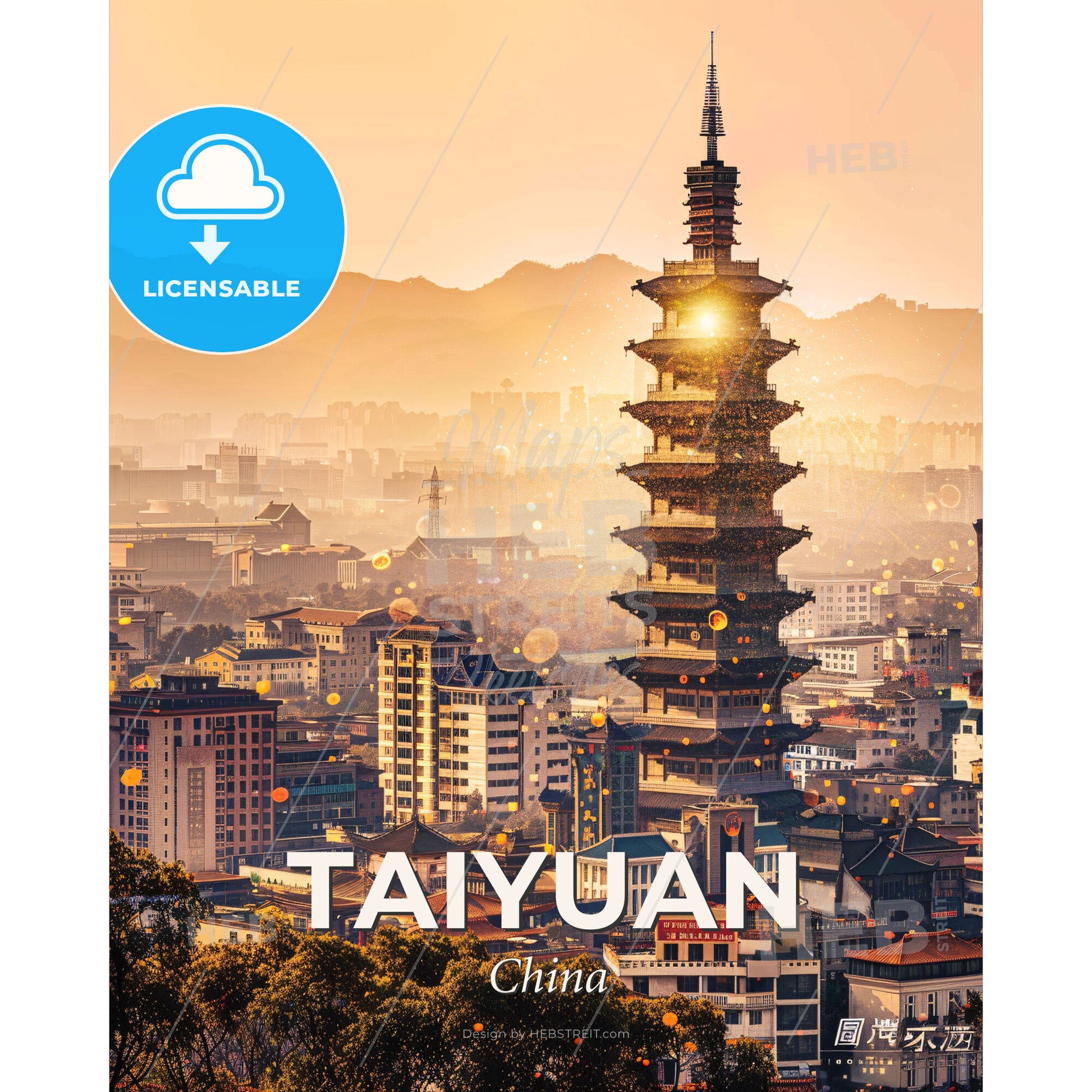 Taiyuan Skyline Double Exposure Art Composite - A tall tower in a city - Square format print template