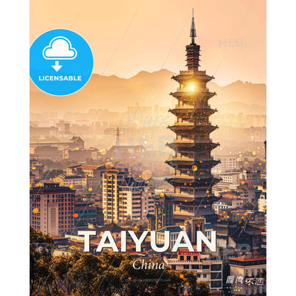 Taiyuan Skyline Double Exposure Art Composite - A tall tower in a city - Square format print template