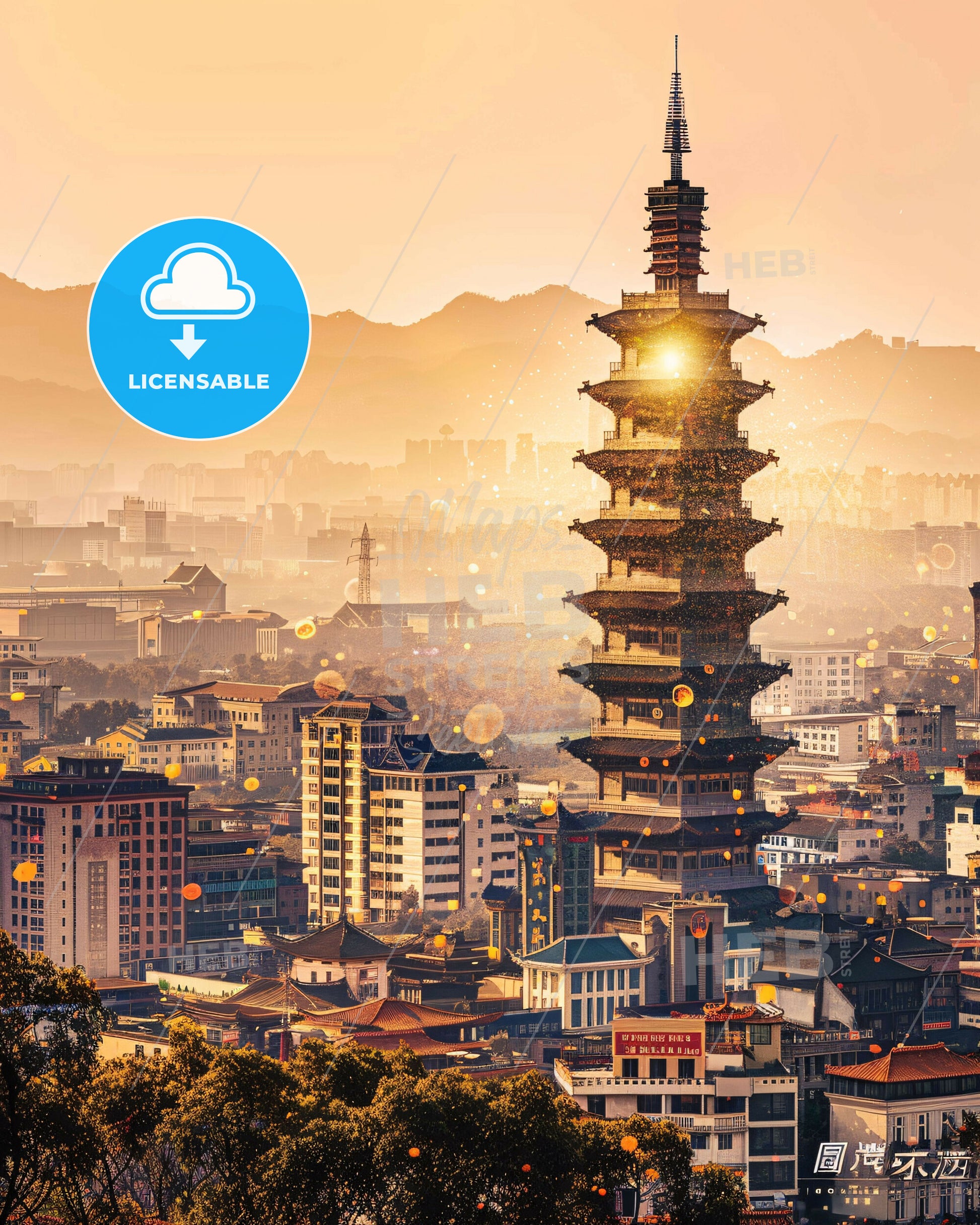 Taiyuan Skyline Double Exposure Art Composite - A tall tower in a city