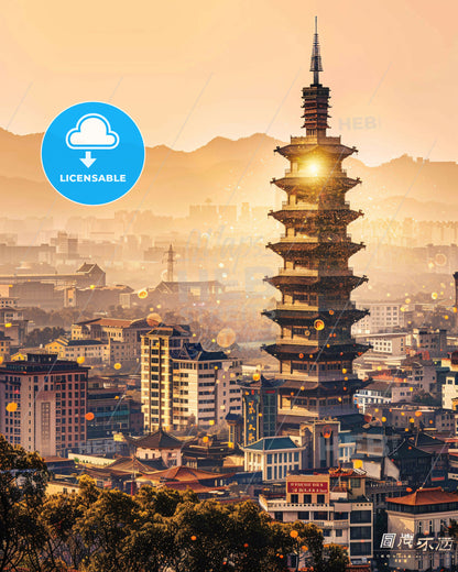 Taiyuan Skyline Double Exposure Art Composite - A tall tower in a city